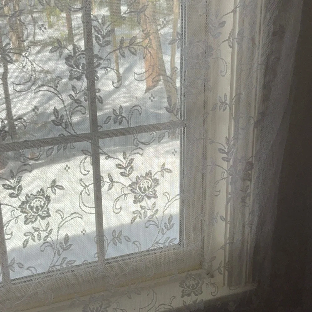 Elegant White Lace Curtain Panels Floral, Scalloped Bottom - 74” x 56” -Set of 3
